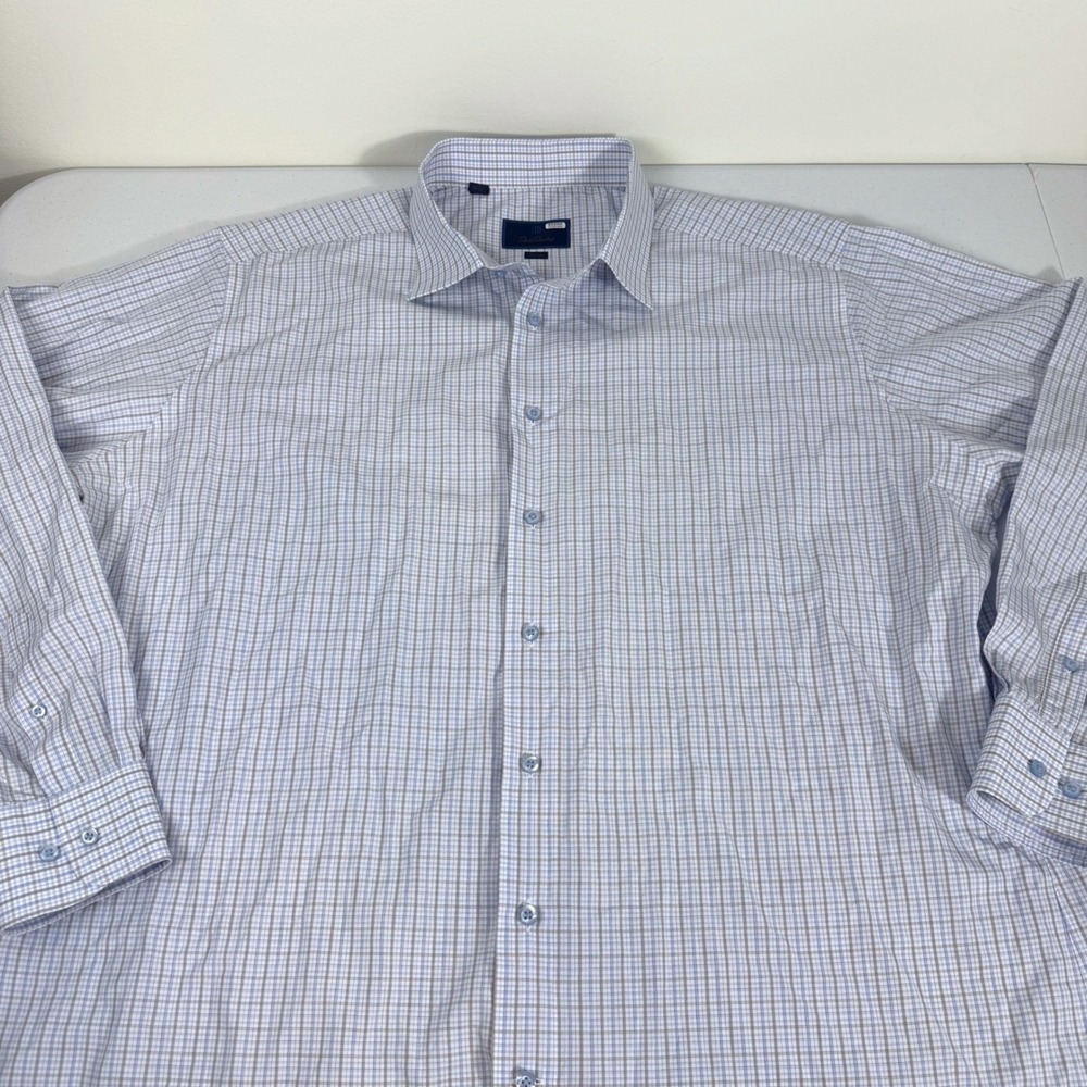David Donahue Mens Trim Fit Dress Shirt 19 36/37 Blue Tan Plaid Long Sleeve